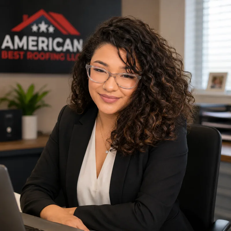 Juana Elizabeth, executive assistant at American Best Roofing, at her desk beneath the company sign
