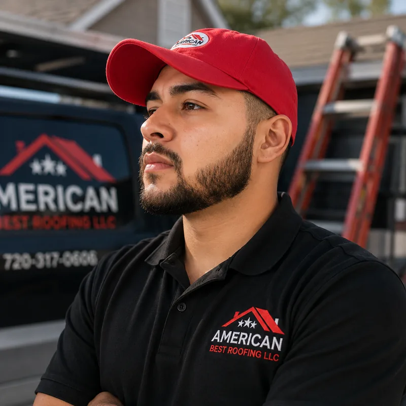 Raul Martinez, project manager at American Best Roofing, in a branded polo and red cap on a job site