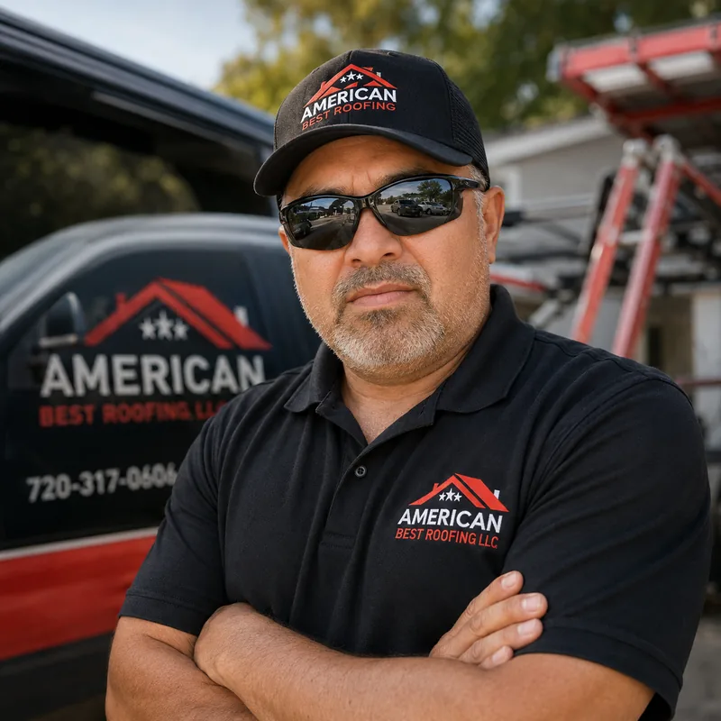 Raumaldo M., owner of American Best Roofing, arms crossed in a branded company polo and cap in front of the company truck